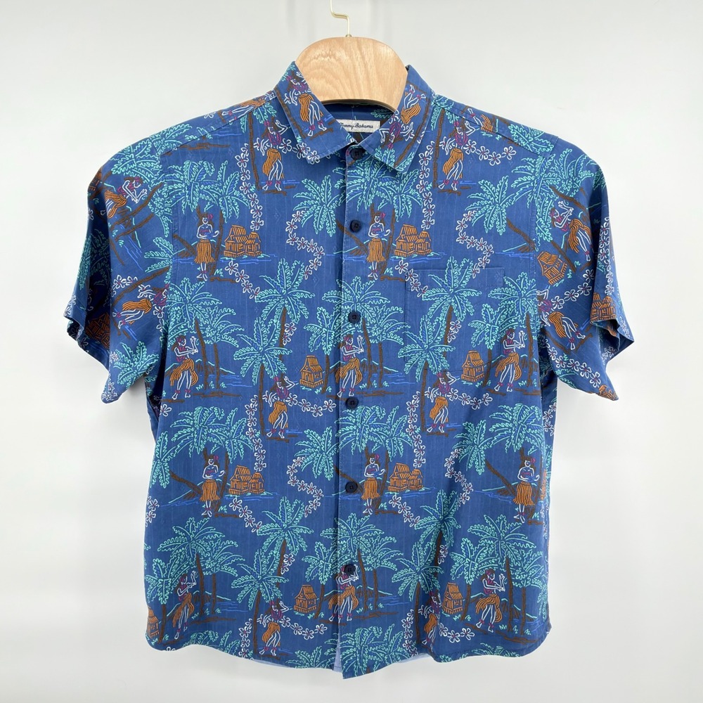 Tommy Bahama Men L 100% Silk Hawaiian Shirt Blue Hula Dancer Palm Tree Aloha